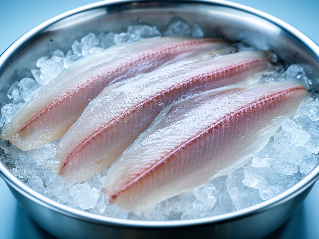 Tiras de piel de pescado fresco sobre hielo triturado en recipiente plateado, fotografiadas con luz fría de laboratorio que resalta texturas translúcidas y reflejos acuosos