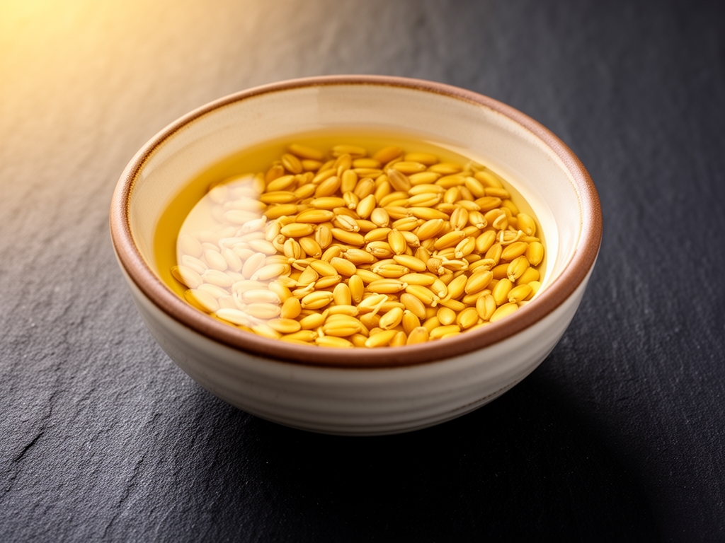 Granos de trigo germinado dorado y aceite de germen de trigo en cuenco de cerámica sobre superficie de pizarra oscura, con iluminación cálida que acentúa los tonos amarillos y dorados