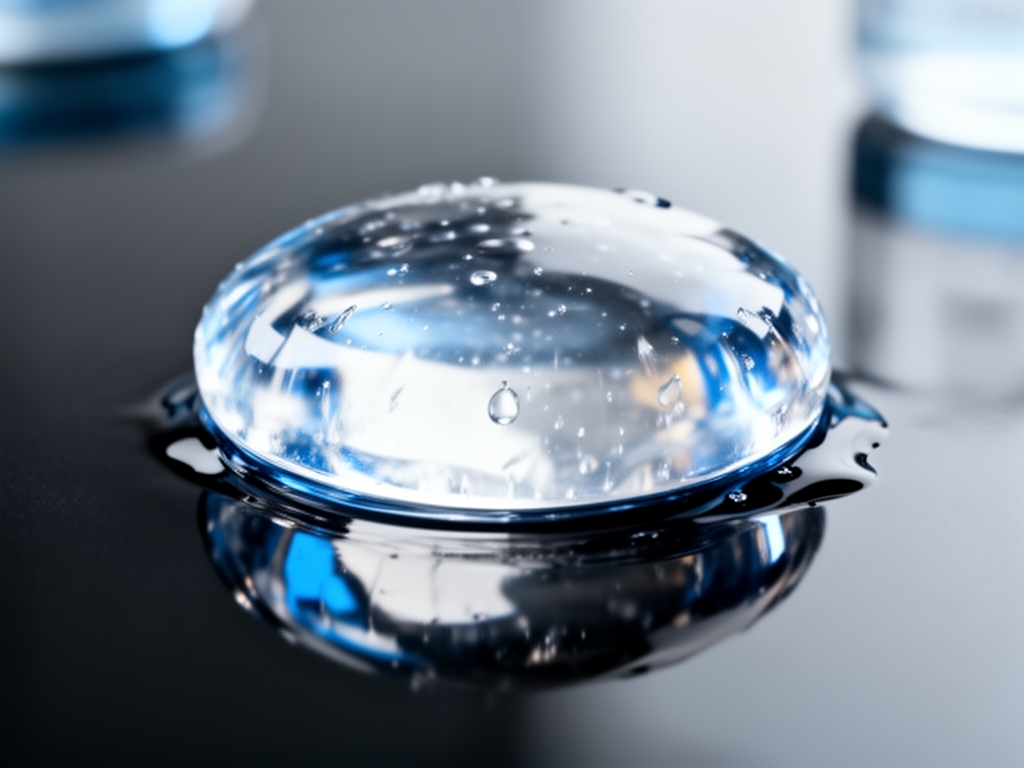 Cristal de gelatina transparente con reflejos en tonos azules y blancos sobre superficie oscura pulida, evocando la viscosidad del ácido hialurónico en un contexto de laboratorio limpio